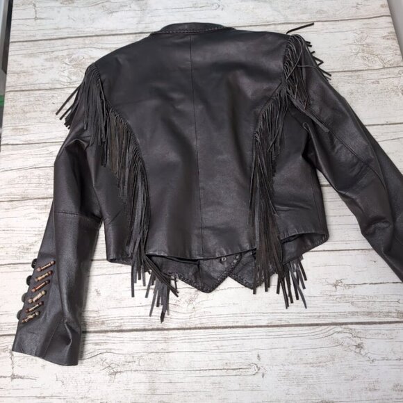 Vintage Red Clay People Black Leather Fringe and Bead Jacket Size Medium - Picture 9 of 9